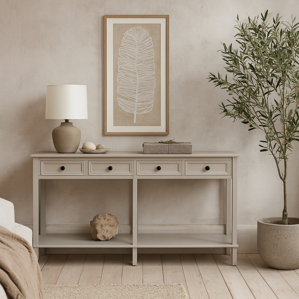 Rochemaure White 4 Drawer Console Bottom Shelf