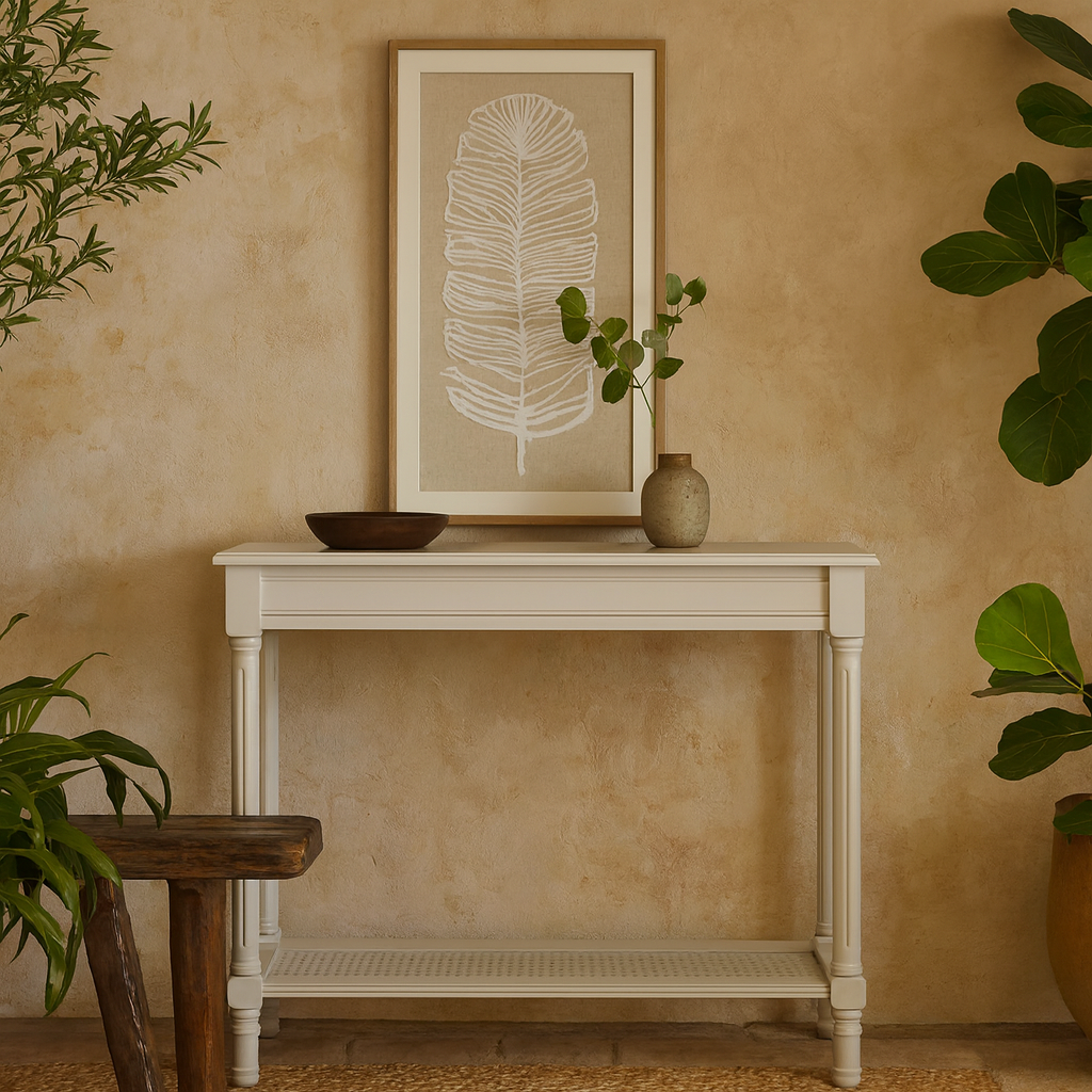 Rochemaure White Console Table Rattan Bottom Shelf