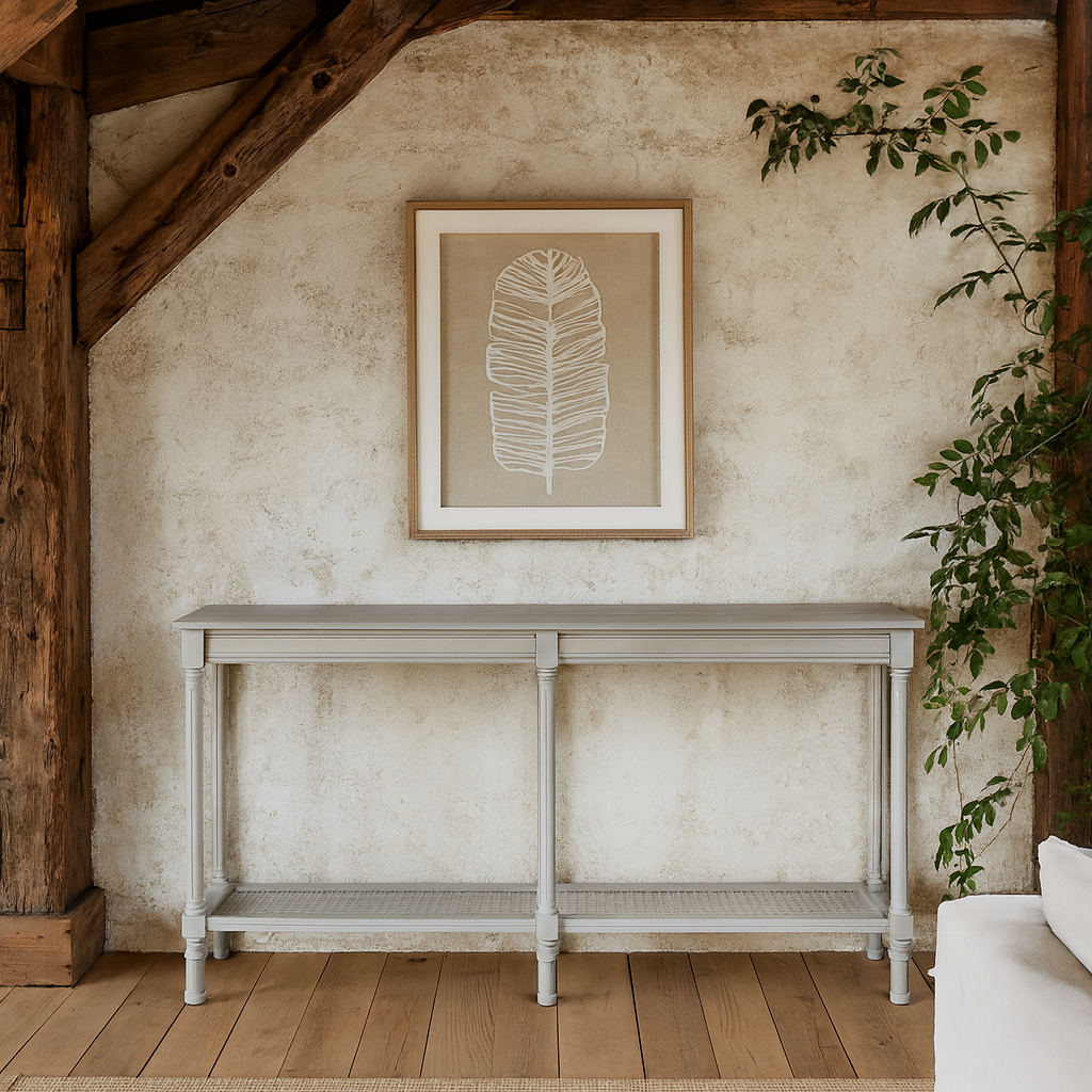 Rochemaure Large White Console Table Rattan Bottom Shelf
