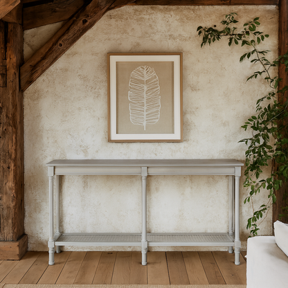 Rochemaure Large White Console Table Rattan Bottom Shelf