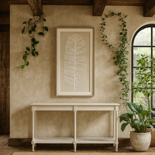 Rochemaure Large White Console Table Rattan Bottom Shelf