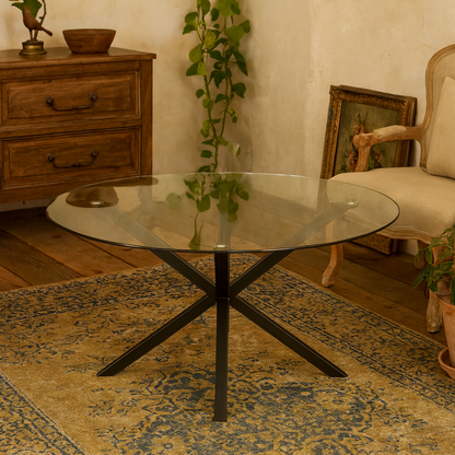 Saignon Round Glass Dining Table industrial Cross X Black Metal Legs