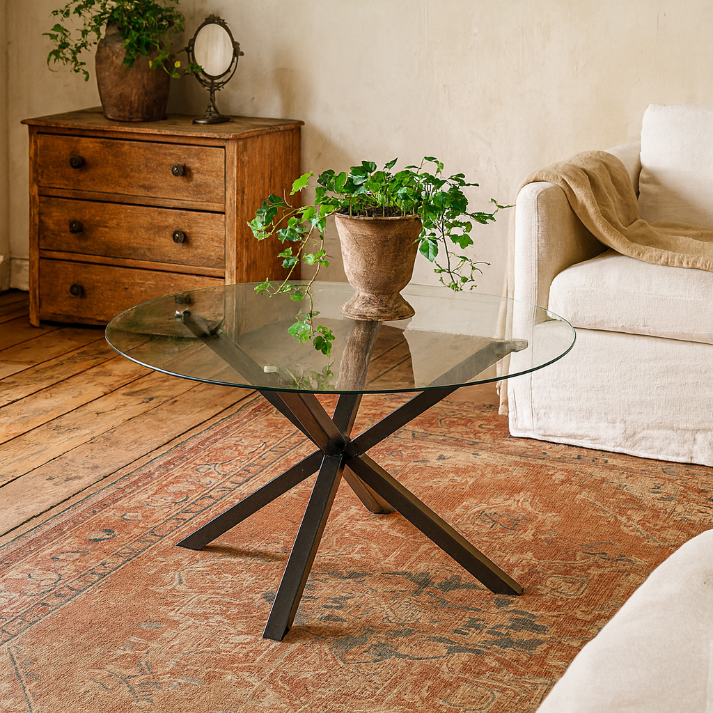 Saignon Round Glass Dining Table industrial Cross X Black Metal Legs