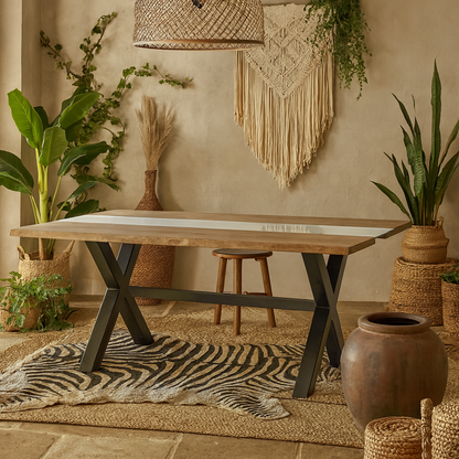 Vouvant Live Edge Light Acacia Wood and Glass Dining Table Cross X Black Metal Frame