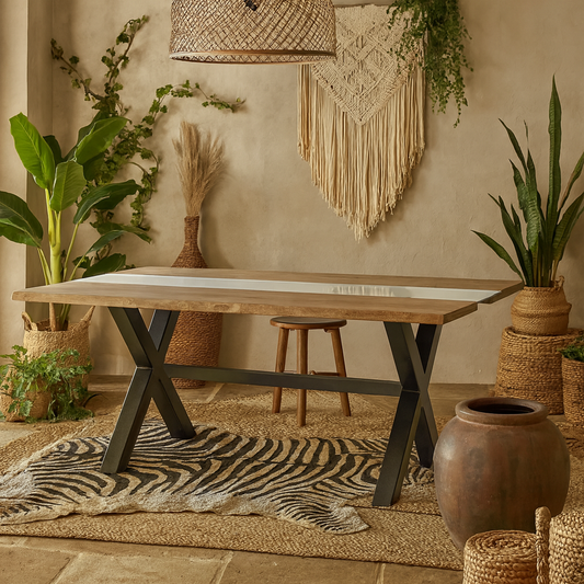Vouvant Live Edge Light Acacia Wood and Glass Dining Table Cross X Black Metal Frame