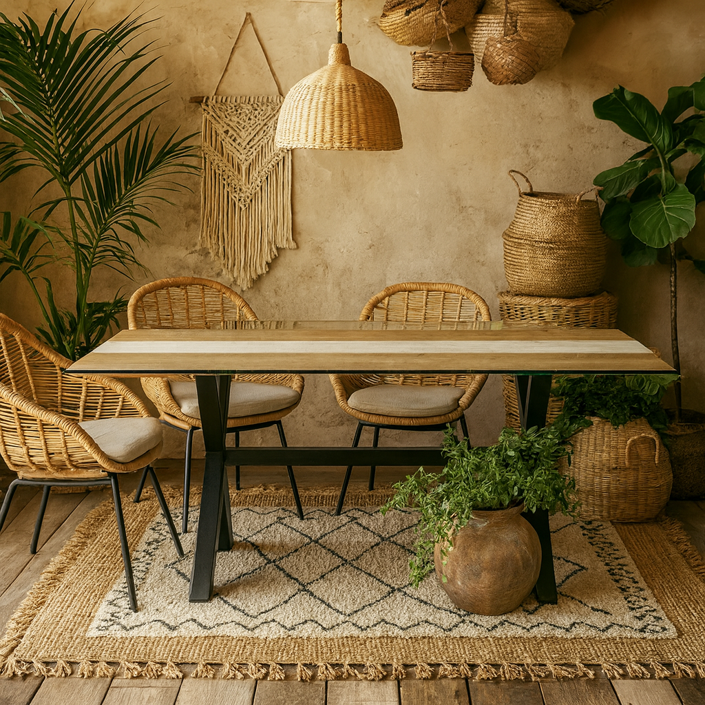 Vouvant Live Edge Light Acacia Wood and Glass Dining Table Cross X Black Metal Frame