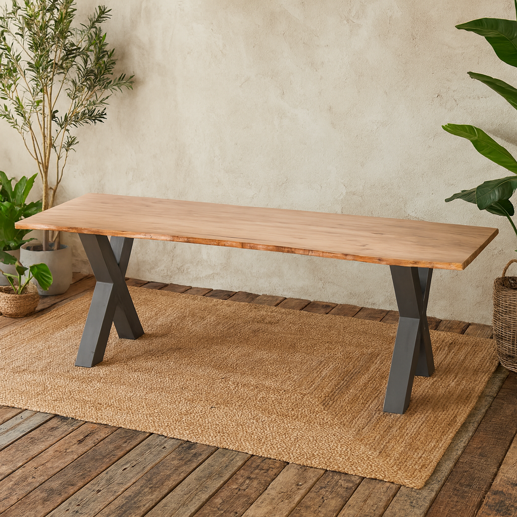 Vouvant Large Live Edge Acacia Wood Dining Table Black Metal X Frame