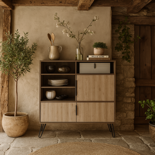 Datca Bleached Oak Wood High Sideboard With Open And Enclosed Storage