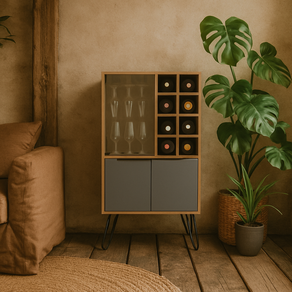 Dessau Bleached Oak Wood Wine Cabinet With Glass Door And Cupboards
