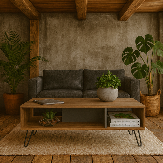 Chemnitz Bleached Oak Wood Coffee Table With Grey Panel And Hairpin Legs