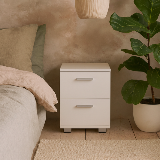Kalamata White Gloss Wood 2 Drawer Bedside Cabinet