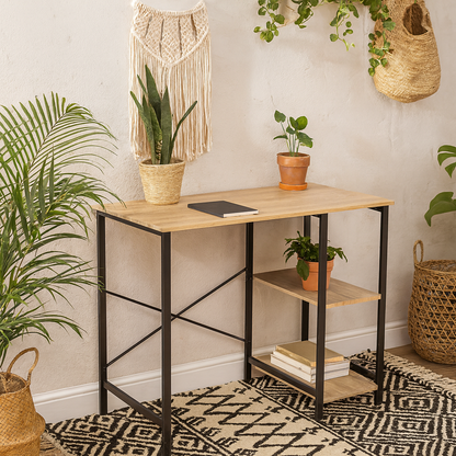 Bodrum Oak Wood Study Desk With Side Storage Shelves And Black Metal Legs