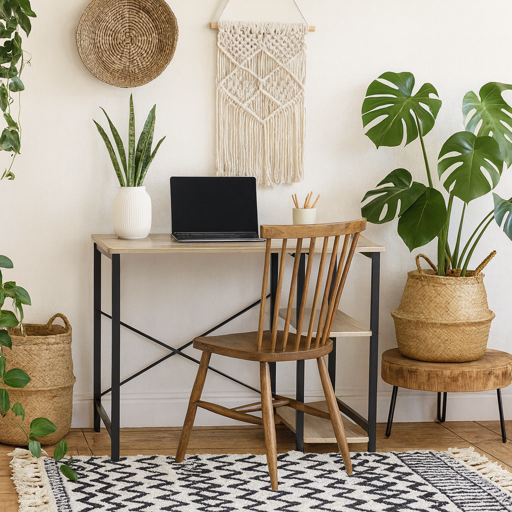 Bodrum Oak Wood Study Desk With Side Storage Shelves And Black Metal Legs