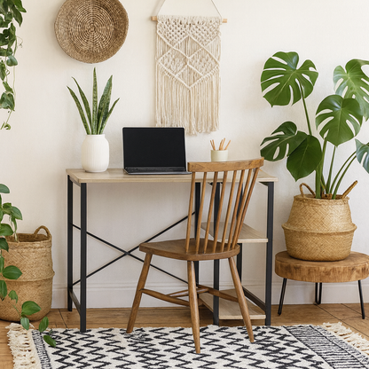 Bodrum Oak Wood Study Desk With Side Storage Shelves And Black Metal Legs