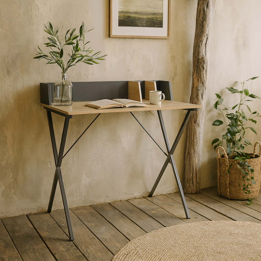 Megara Oak Wood Study Desk With Dividers And Grey Metal Cross Legs