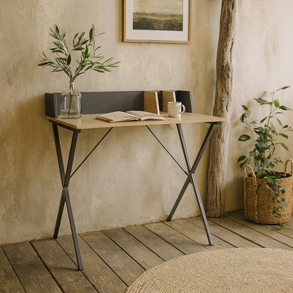 Megara Oak Wood Study Desk With Dividers And Grey Metal Cross Legs