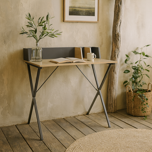 Megara Oak Wood Study Desk With Dividers And Grey Metal Cross Legs