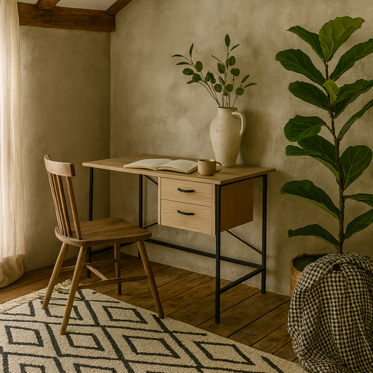 Balikesir Oak Wood 2 Drawer Desk With Grey Metal Legs