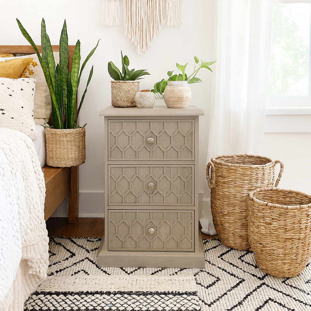 Matera Grey Aged Oak 3 Drawer Bedside Table Honeycomb Pattern
