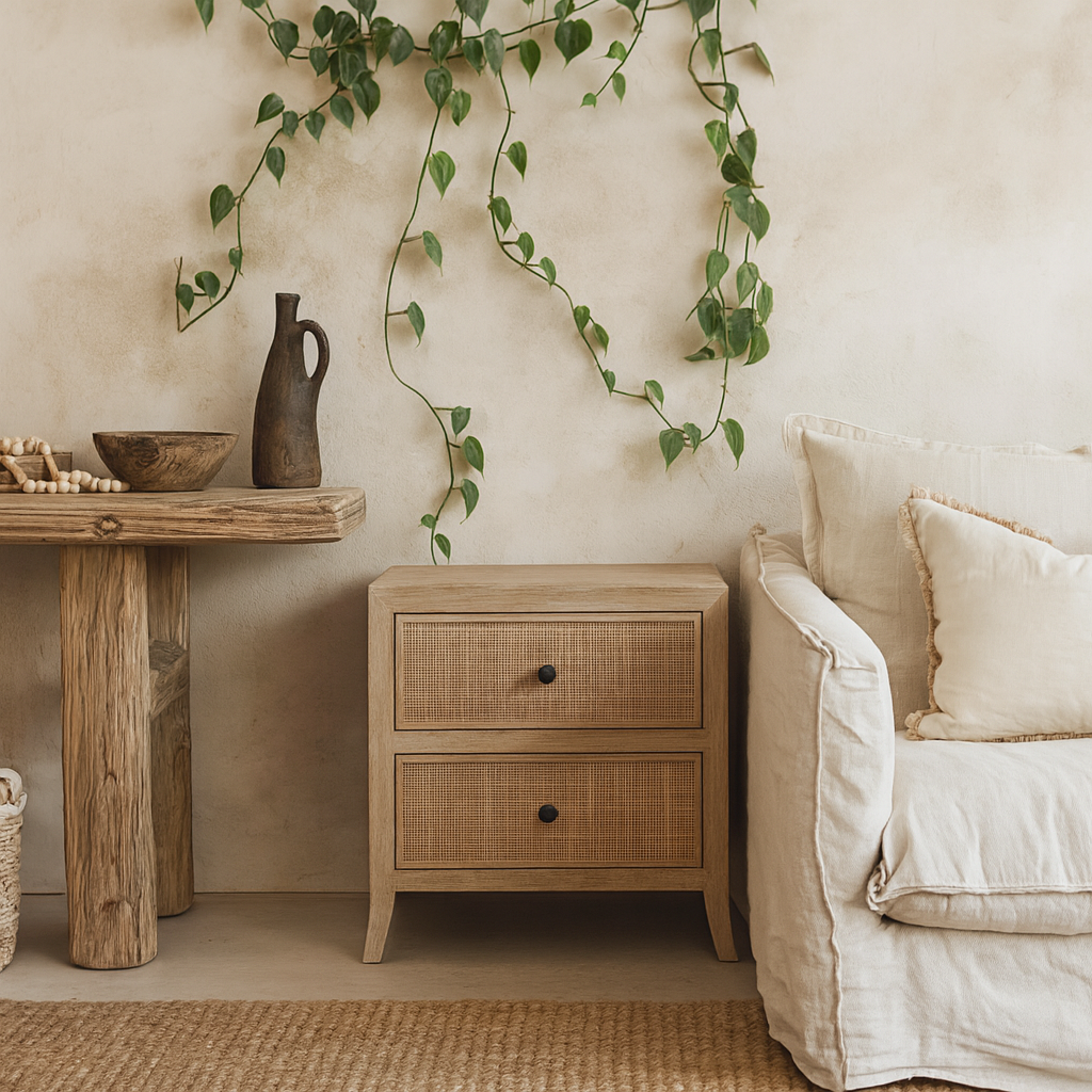 Toscana Grey Aged Oak & Rattan 2 Drawer Bedside Table