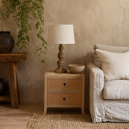 Toscana Grey Aged Oak & Rattan 2 Drawer Bedside Table