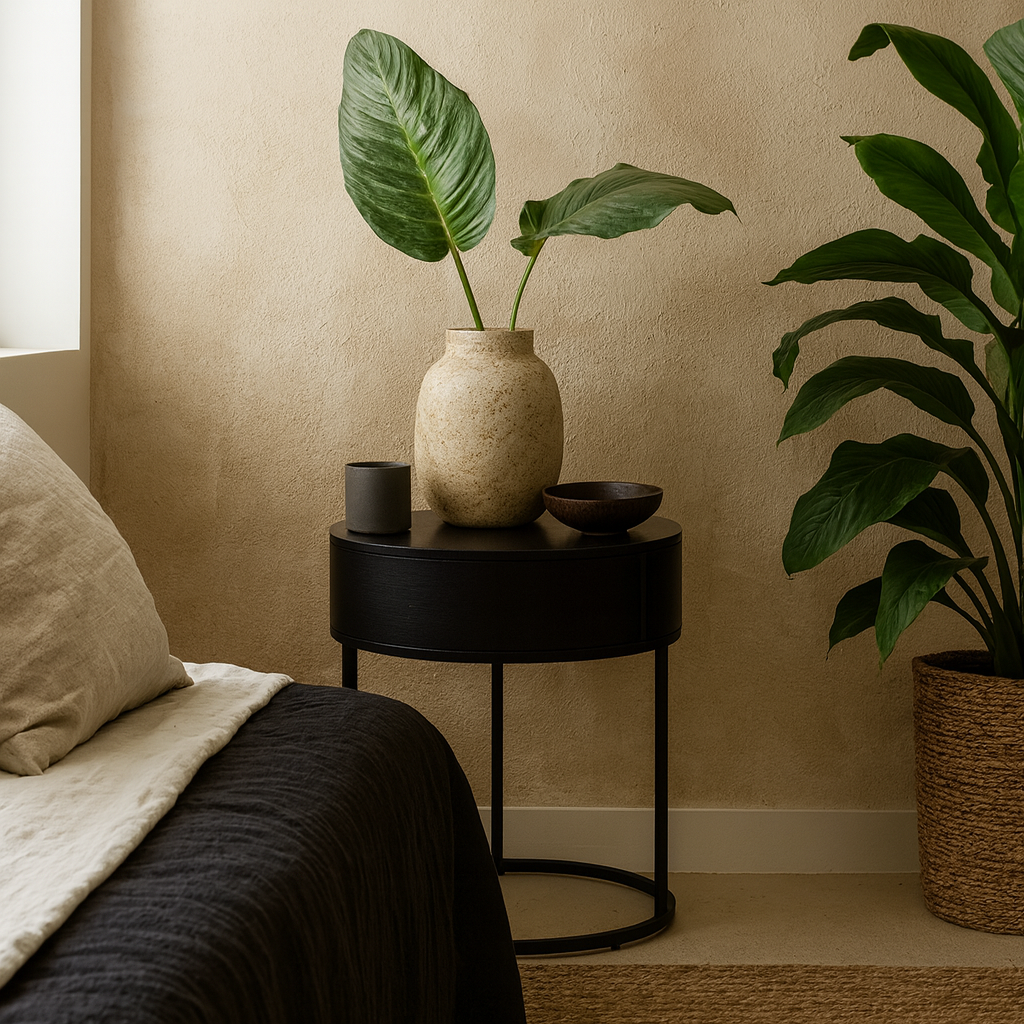 Allegro Black Oak and Metal Round Bedside Table with Drawer