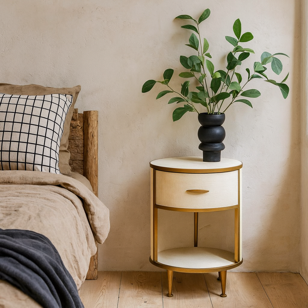 Treviso Ivory Faux Shagreen Round Bedside Table with Drawer