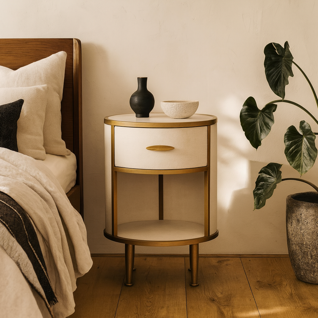 Treviso Ivory Faux Shagreen Round Bedside Table with Drawer