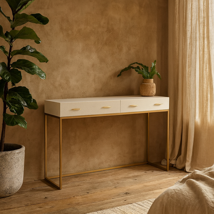 Urbino Ivory Shagreen and Antique Brass Console Table 4 Drawers