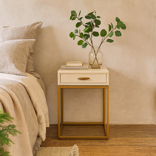 Belluno Ivory Shagreen and Antique Brass Bedside Table with Drawer
