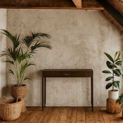Parma Walnut Oak and Brass Console Table with Drawer