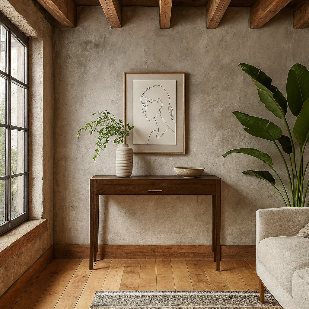 Parma Walnut Oak and Brass Console Table with Drawer