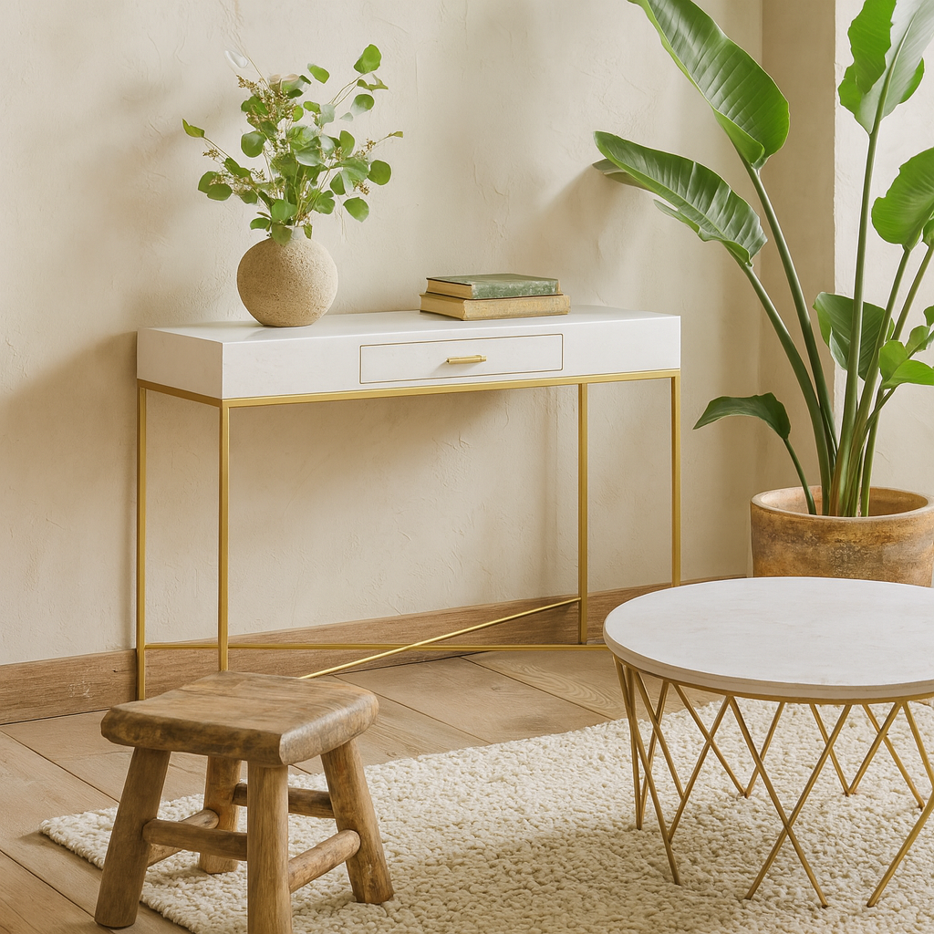 Genoa White Gloss and Gold Console Table with Drawer