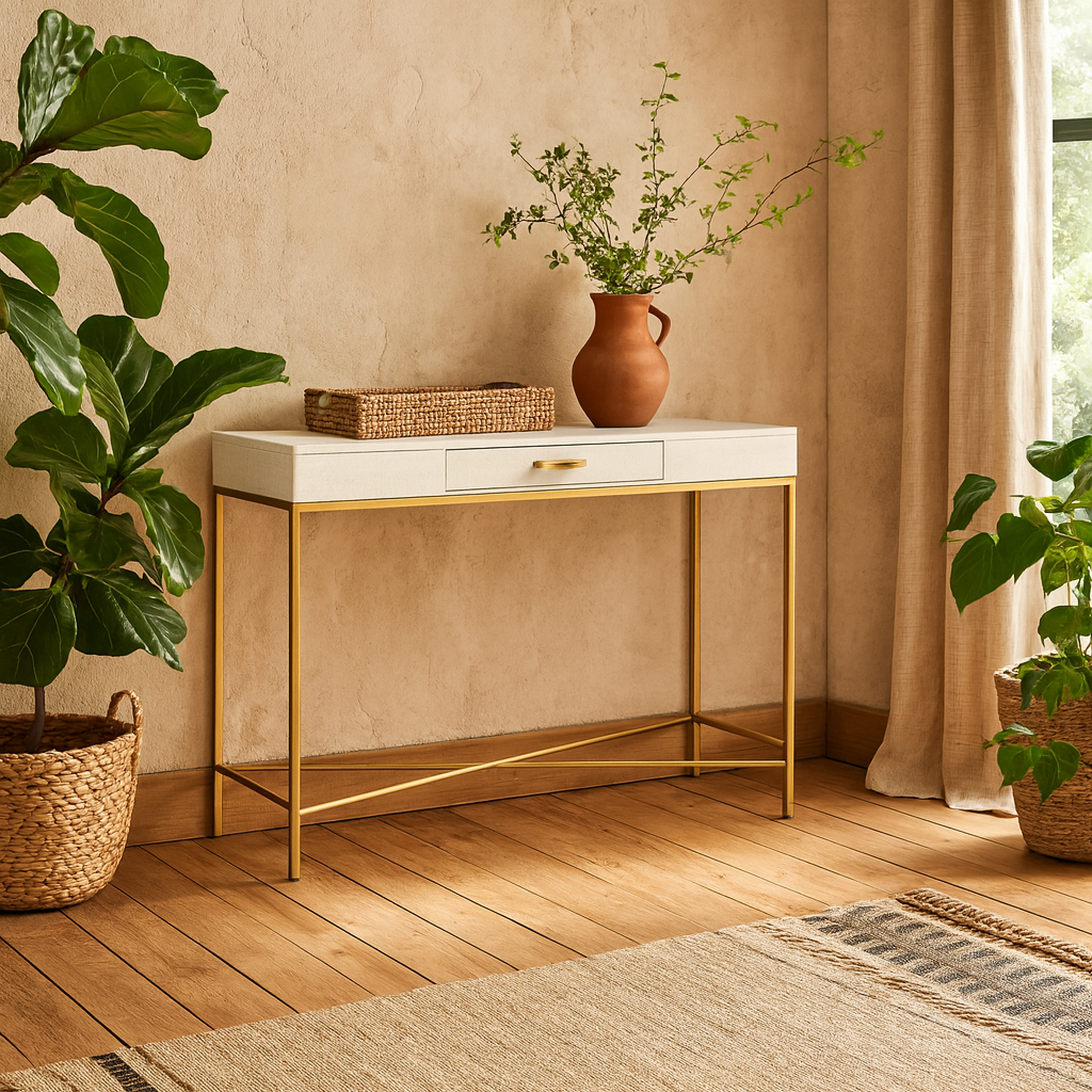 Genoa White Gloss and Gold Console Table with Drawer