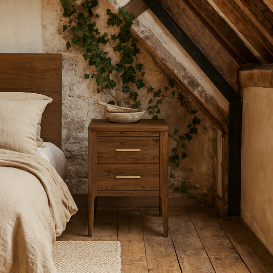 Modena Walnut Oak and Brass Two Drawer Bedside Table