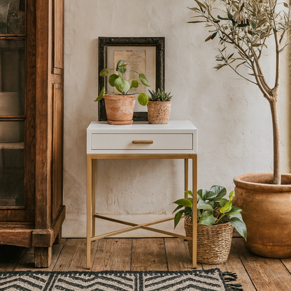 Ravenna White Gloss and Gold Bedside Table with Drawer