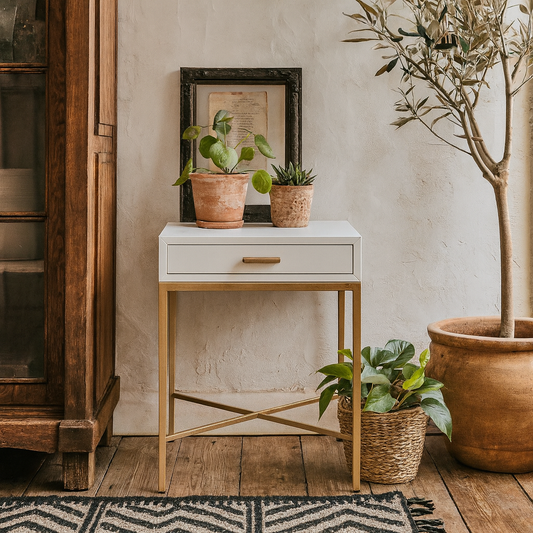 Ravenna White Gloss and Gold Bedside Table with Drawer