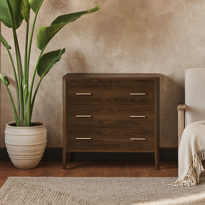 Siena Walnut Oak and Brass 3 Drawer Chest