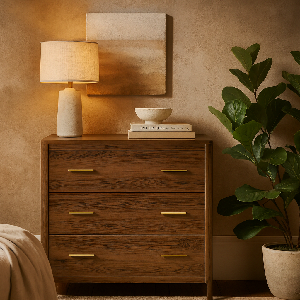 Siena Walnut Oak and Brass 3 Drawer Chest