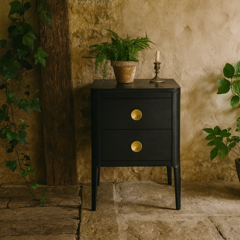 Bologna Black Oak and Brass Two Drawer Bedside Table