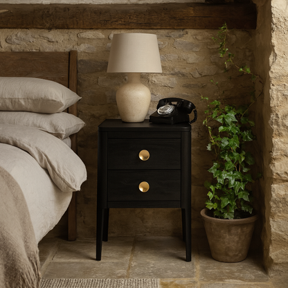 Bologna Black Oak and Brass Two Drawer Bedside Table