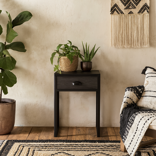Rimini Slate Grey Oak and Black Bedside Table with Drawer