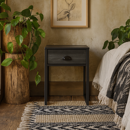 Rimini Slate Grey Oak and Black Bedside Table with Drawer