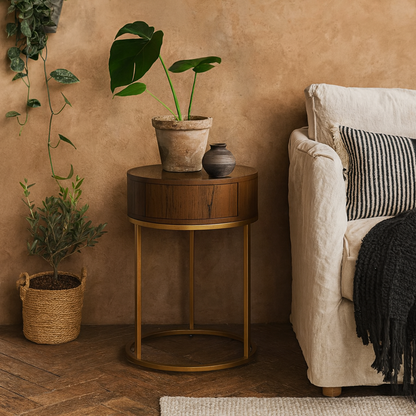 Padua Walnut Oak and Brass Round Bedside Table with Drawer