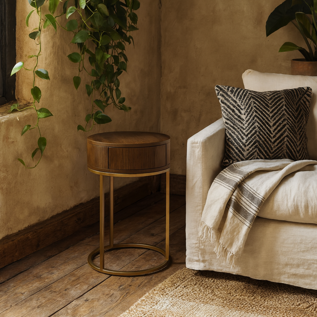 Padua Walnut Oak and Brass Round Bedside Table with Drawer