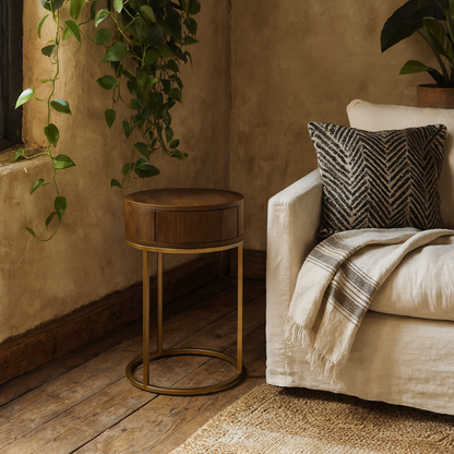 Padua Walnut Oak and Brass Round Bedside Table with Drawer