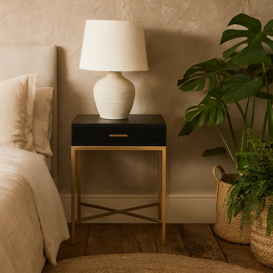 Murano Black Gloss and Gold One Drawer Bedside Table