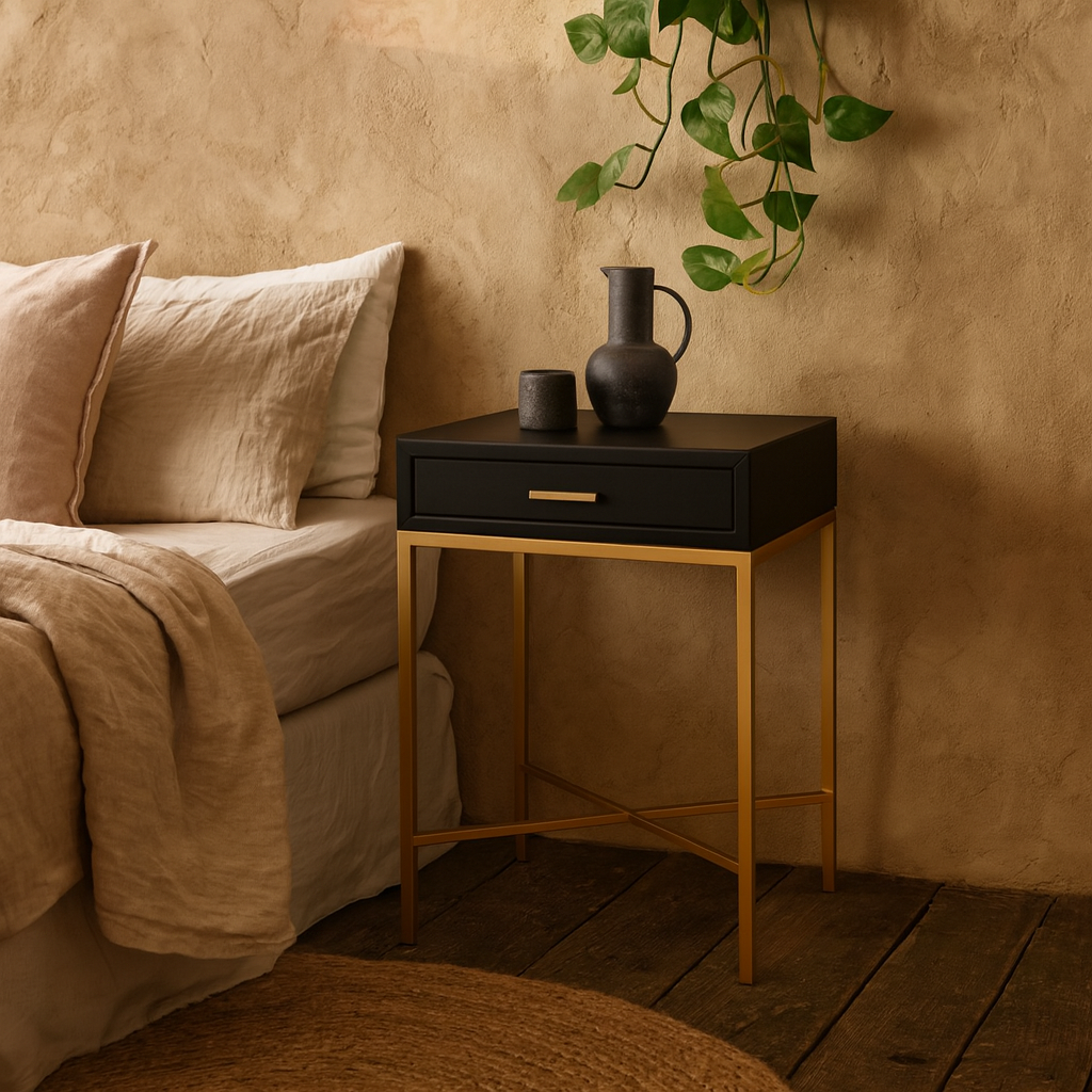 Murano Black Gloss and Gold One Drawer Bedside Table