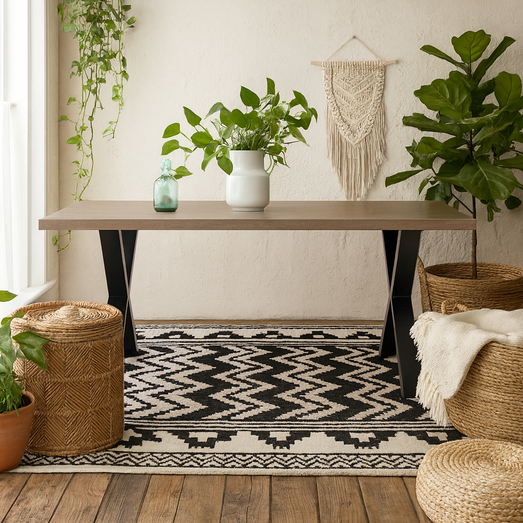 Pefkos Natural Oak and Black Metal Dining Table