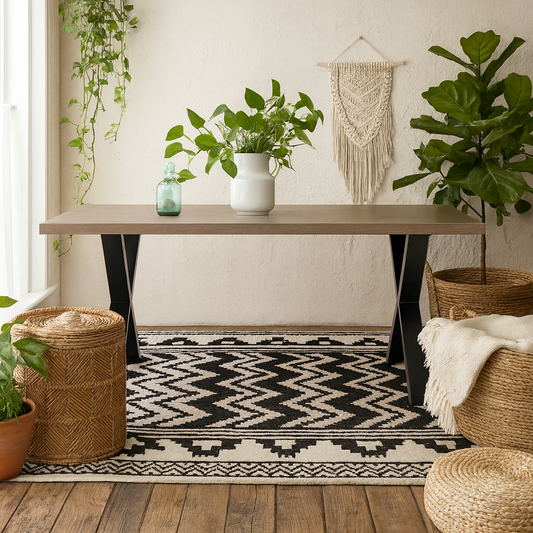 Pefkos Natural Oak and Black Metal Dining Table